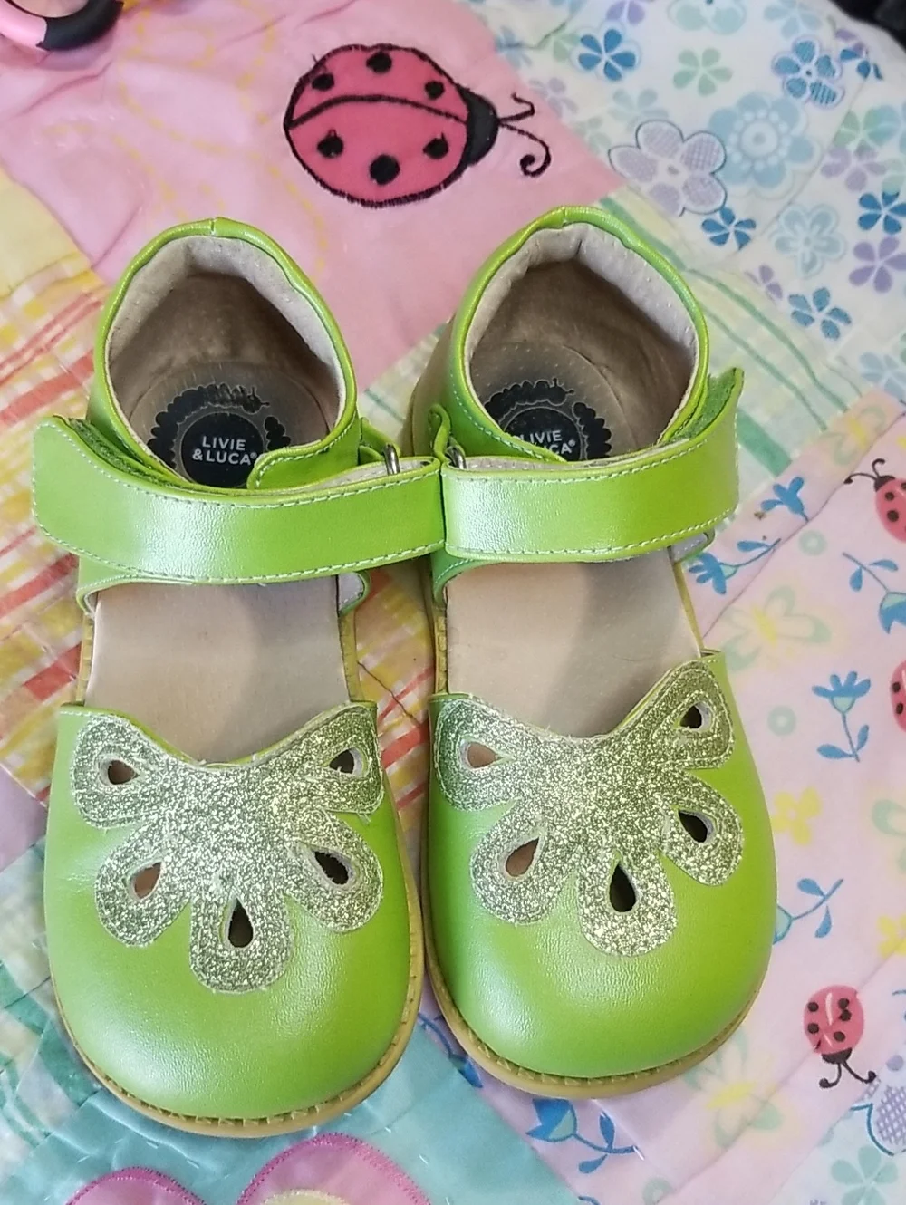 Livie & Luca Lime Green Leather Mary Jane Shoes with Glitter Size 12 Petals